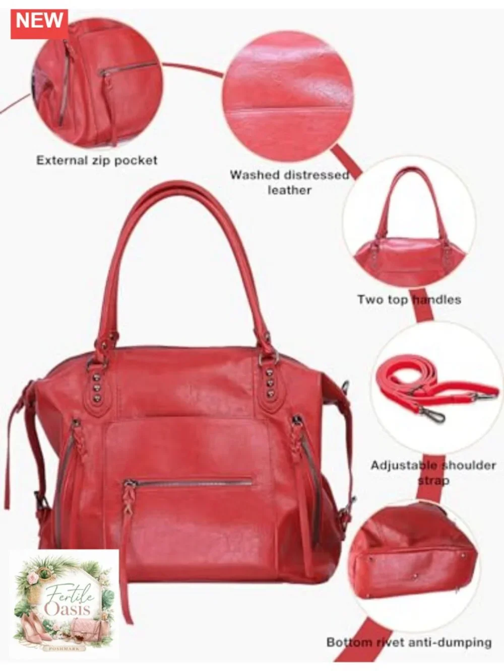 Women's Vegan Leather Hobo Tote Bag with Zipper, Adjustable Strap, Large